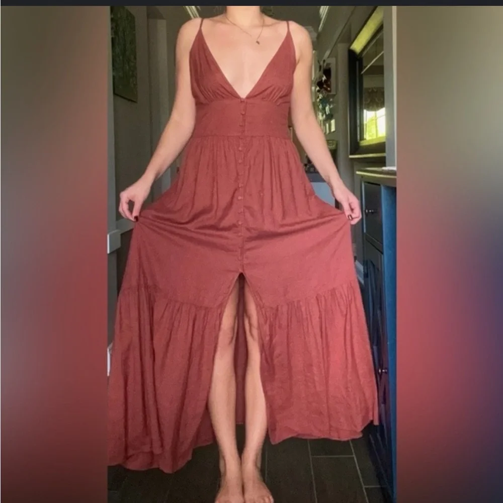 Abercrombie & Fitch Terracotta Button Through Linen Blend Maxi Dress - SP